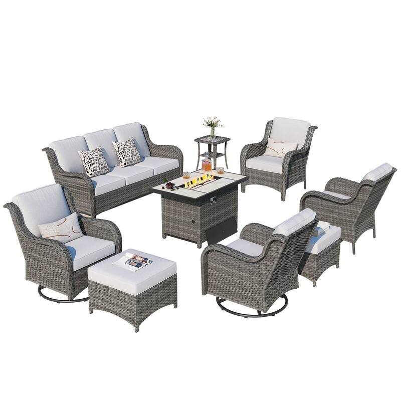 OVIOS 9-piece Patio Wicker Swivel Rocking Chair Set With Fire Pit