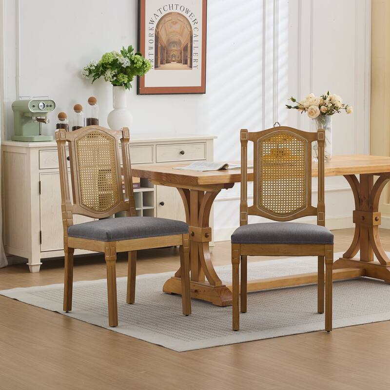 Solid Wood Dining Chair with Rattan Back and Cushioned Seat - Grey
