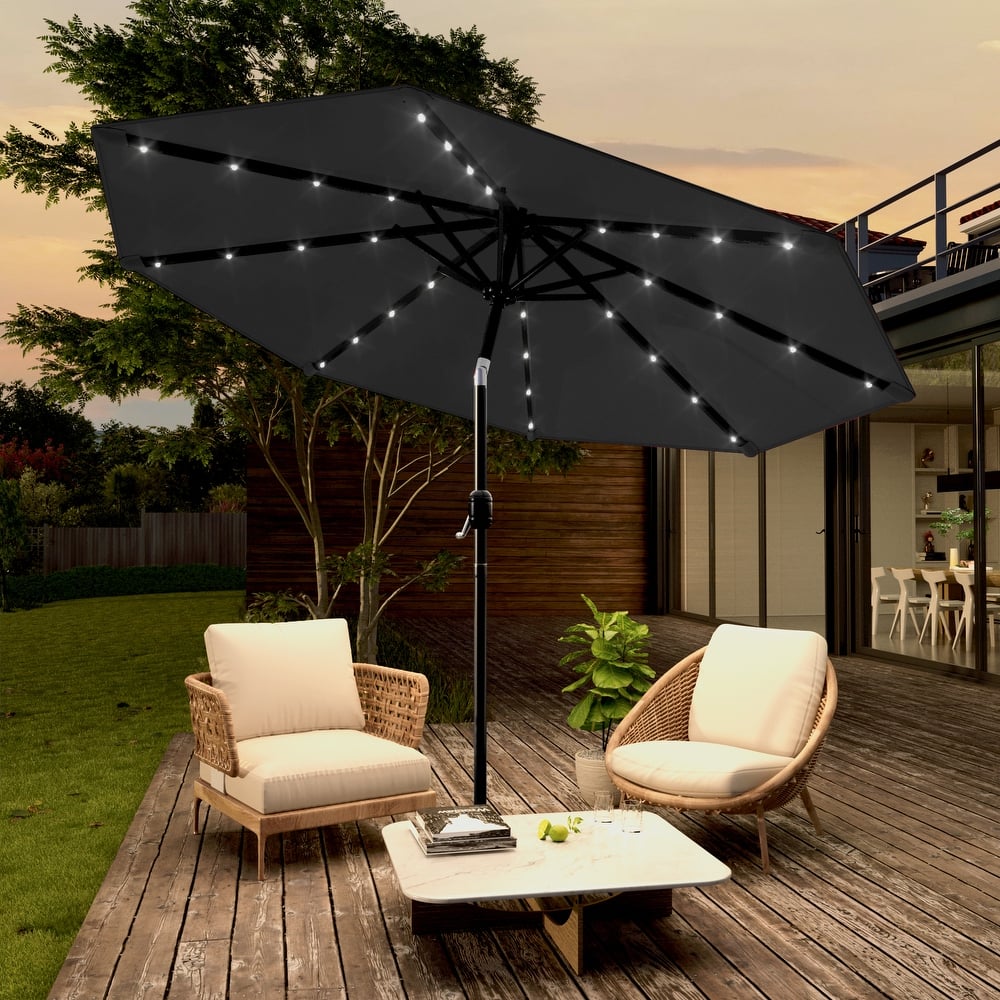 LIVOOSUN 9Ft Solar-powered Large Round Outdoor Patio Market Umbrella with Crank
