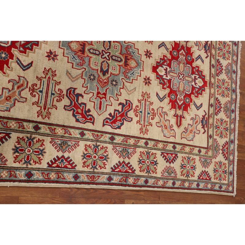 Geometric Beige Kazak Area Rug Handmade Oriental Wool Carpet - 3'11" x 5'10"