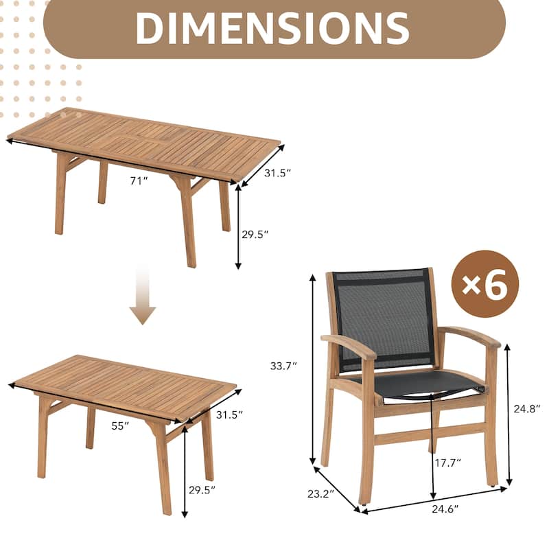 Outdoor 6-Person Acacia Wood Chair Set with Extendable Wooden Table