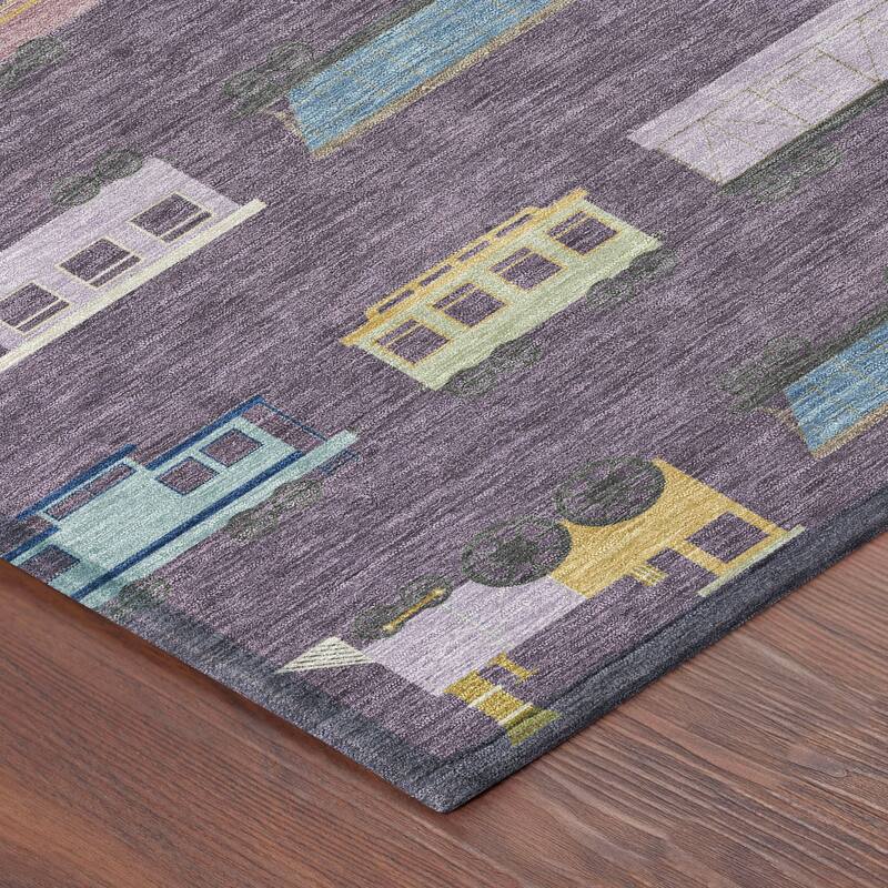 Machine Washable Indoor/ Outdoor Modern Train Chantille Rug