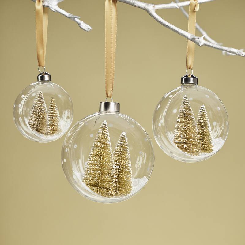 Clear Glass 4" Ball Ornaments w/ Gold Pine Trees, Set of 6