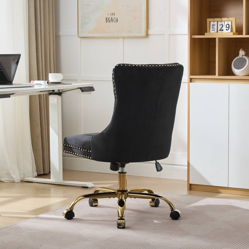 Modern Velvet Swivel Office Chair with Tufted Back/Golden Metal Base