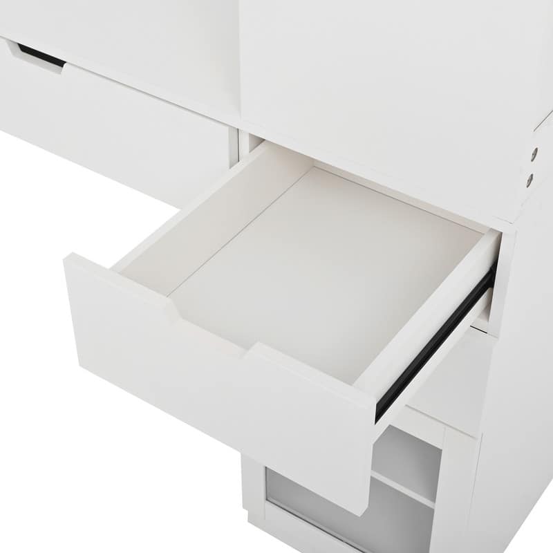 Computer Desk, Home Office Desk with 2 Drawer and Bookshelf, L Shaped Gaming Desk with Mirror and Charging Station