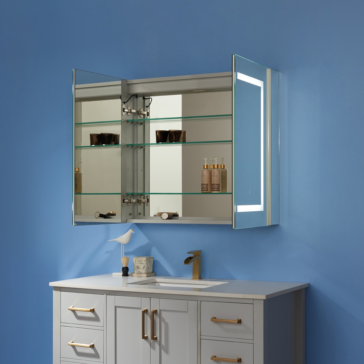 Sassari 36 in. W x 32 in. L Rectangular Surface-Mount LED Glass Surface Mount Medicine Cabinet with Mirror in Silver Sassari 36 in. W x 32 in. L Rectangular Surface-Mount LED Glass Surface Mount Medicine Cabinet with Mirror in Silver