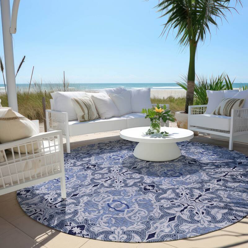 Machine Washable Indoor/ Outdoor Chantille Traditional Medallions Rug - Blue - 8' x 8'