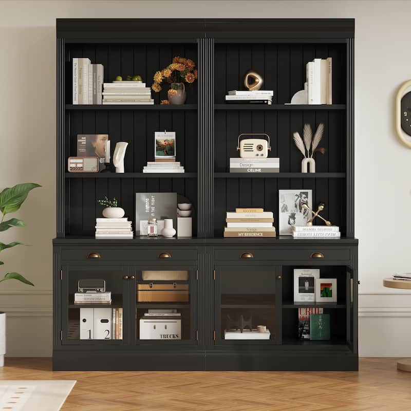 83.4" Modern Bookshelf Suite with LED Lights, Glass Doors, Drawers & Open Shelves, 2-Piece Storage Bookcase Set for Home Office