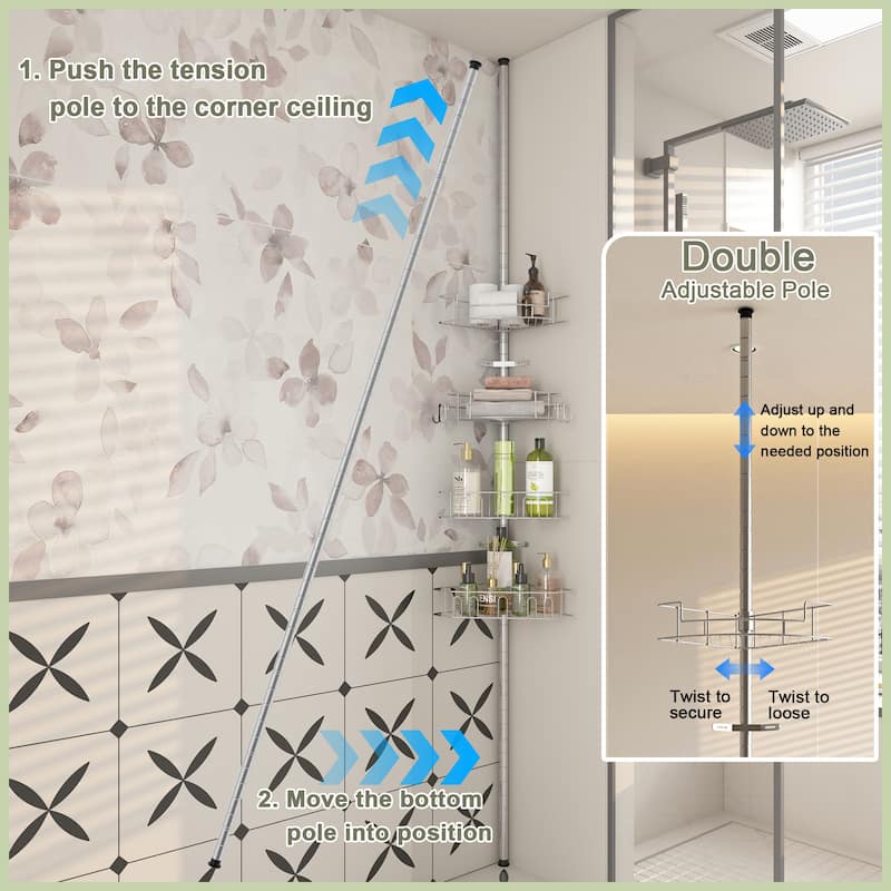 Tension Pole Corner Shower Caddy with 4 Adjustable Baskets