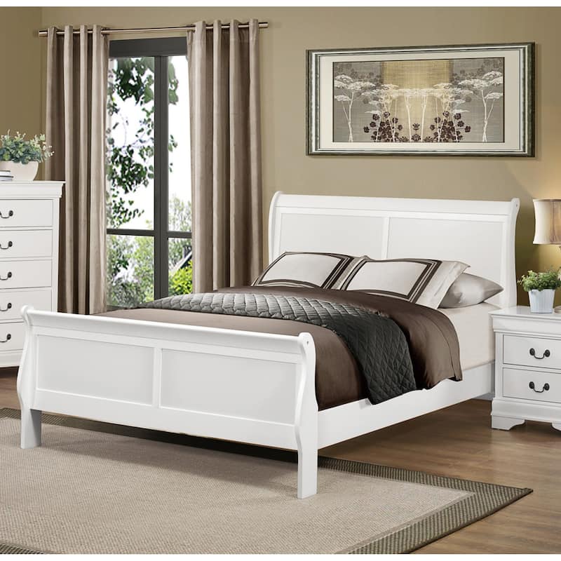 Queen Size Wooden Sleigh Bed with Louis Philippe Design and Traditional Curved Headboard - White