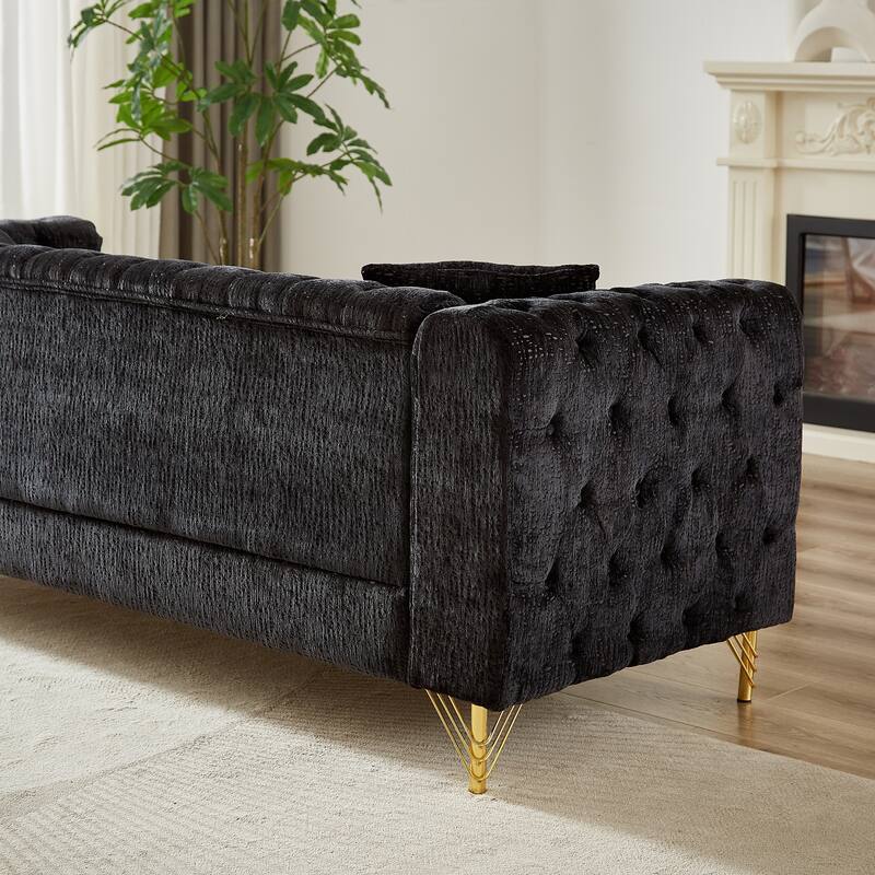 82-Inch Chesterfield-Style Chenille Sofa, Tufted Design with Nailhead Armrests and Metal Legs for Living Room