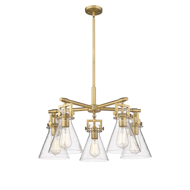 Innovations Lighting Newton Cone - 5 Light 7" Stem Hung Chandelier - Brushed Brass/Seedy
