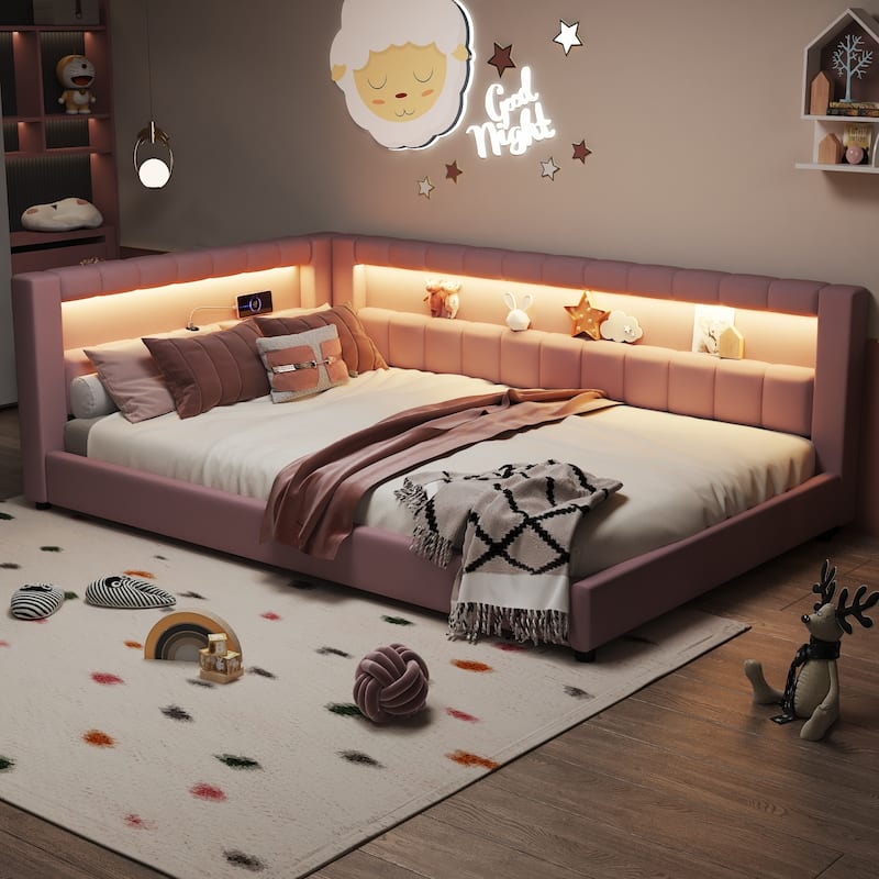 Upholstered Low-Profile Daybed Platform Bed Built-in USB Ports and LED Light Belt, Grounded Design with Padded Backrest - Pink - Full