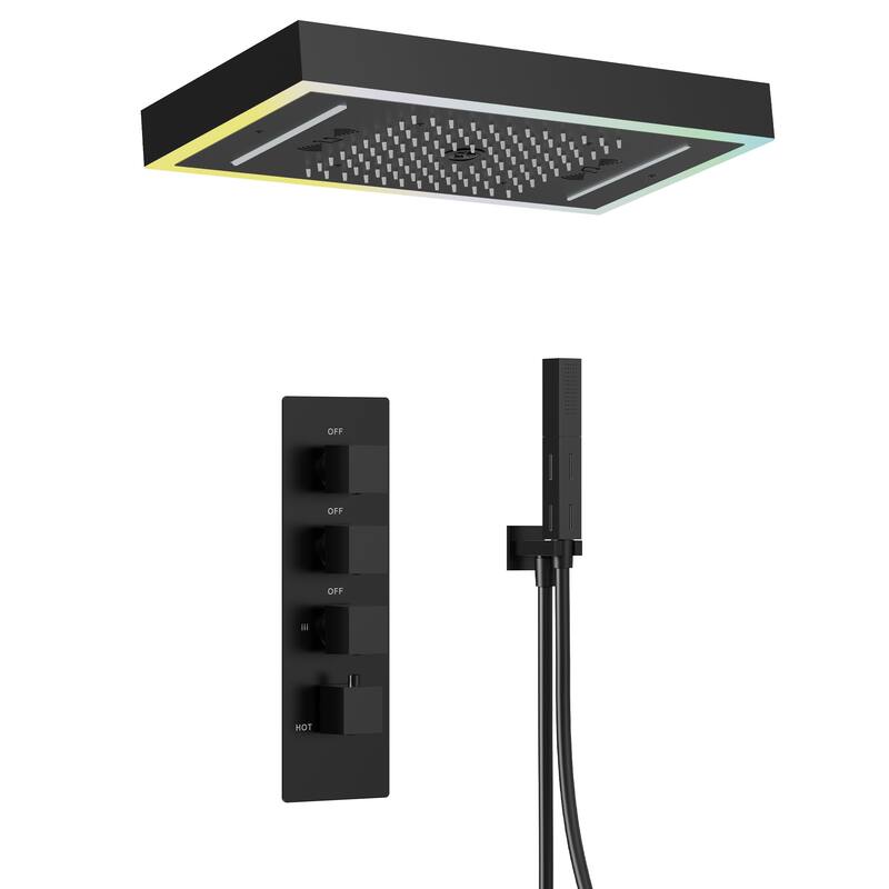 GRANDJOY Thermostatic Triple-Function LED Rain and Waterfall Shower System with Handheld and Built-In Music - Matte Black
