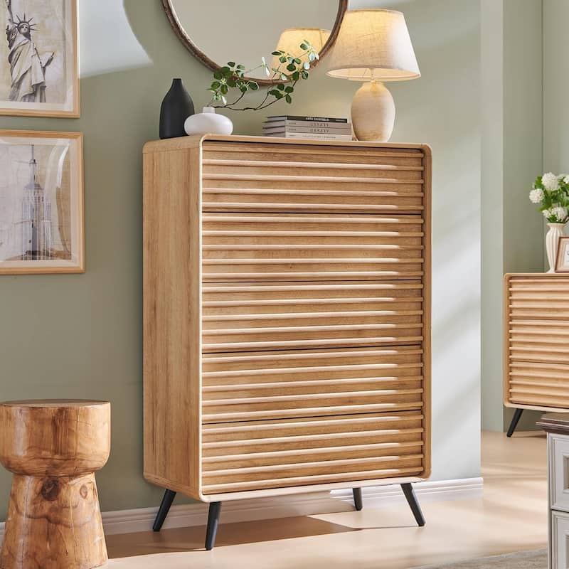 Mid Century Modern 5 Drawers Dresser, Wood Fluted Chest of Drawers - Natural Oak