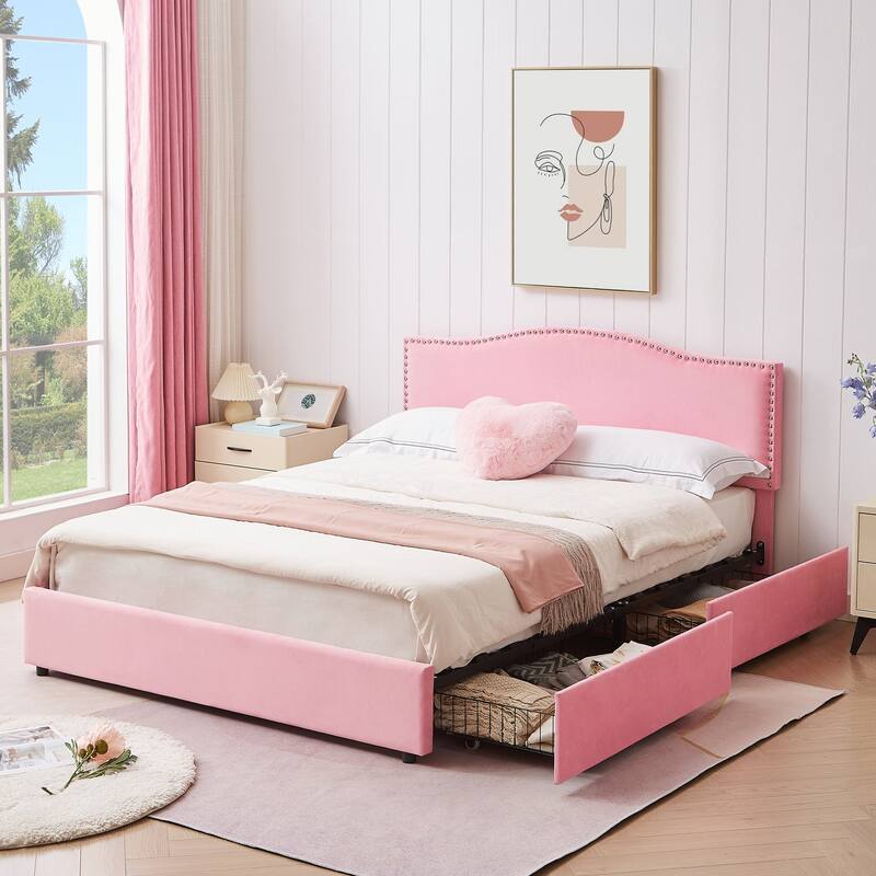 VECELO Upholstered Bed Frame with 4 Storage Drawers Full Queen Heavy Duty Platform with Adjustable Linen Headboard