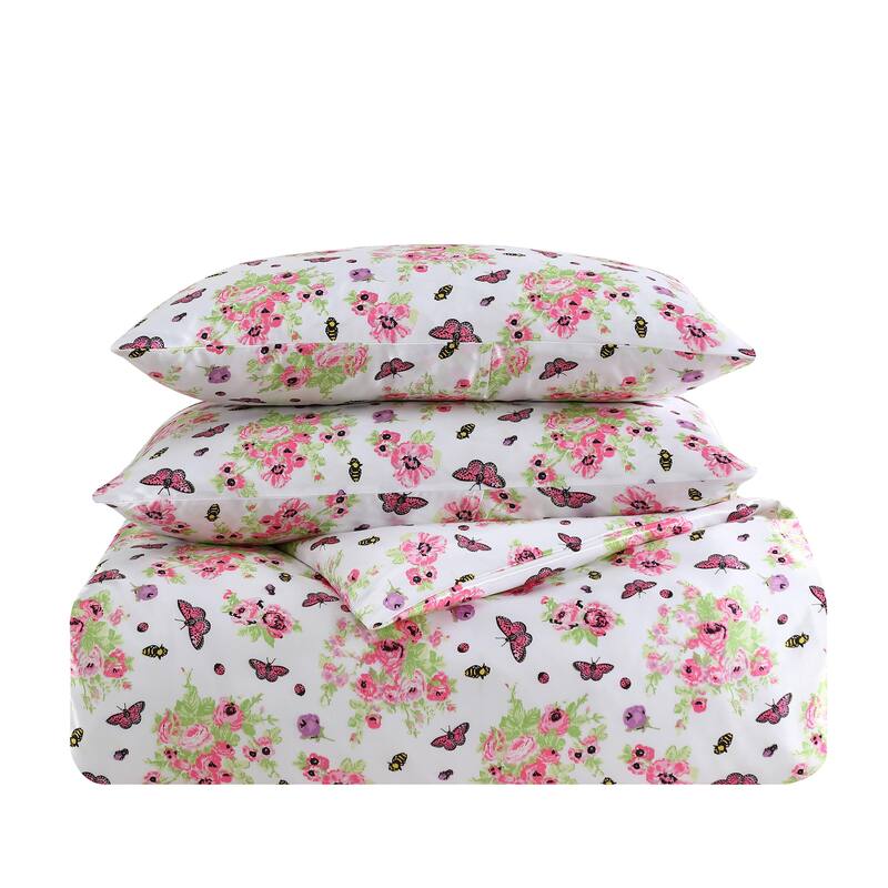 Betsey Johnson Queen Bee Floral Bouquet Reversible Pink Duvet Cover Set
