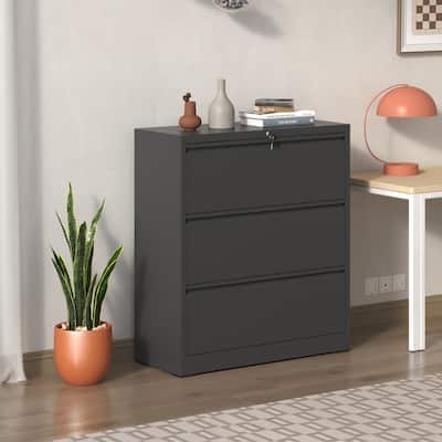 3-Drawer Lateral Filing Cabinet with Lock, Metal Home Office Storage Cabinet with Quiet Glide Drawers