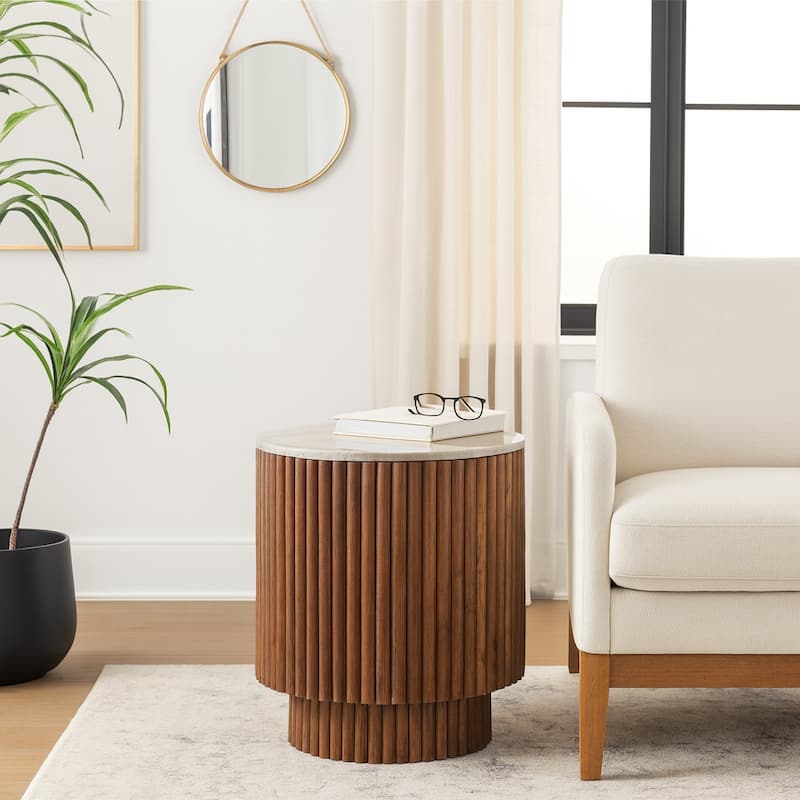 Mango Wood Marble Accent Table Marble Top Fluted Base - 20" Ivory - 16" x 16" x 20"