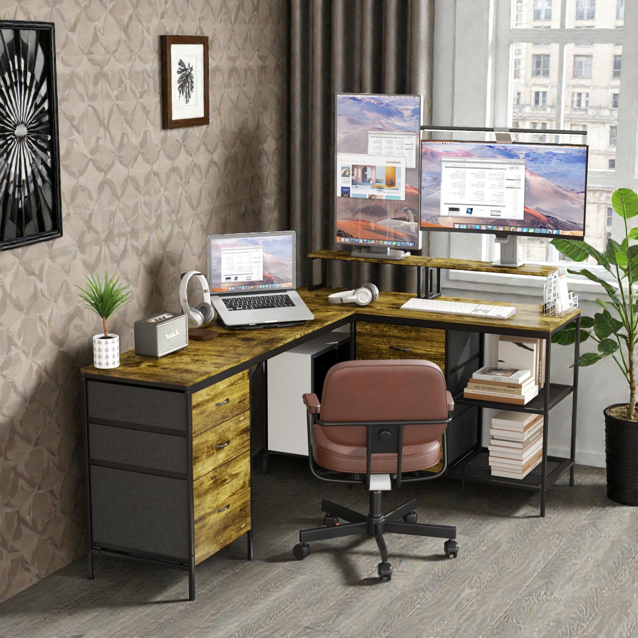 114 Inch L Shaped Desk with Power Outlets and USB C, Industrial Corner Computer Desk with Drawers Shelves