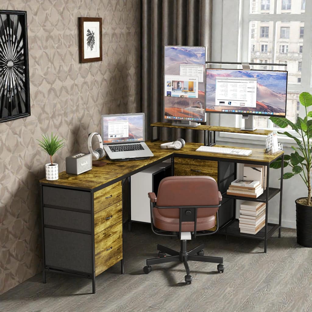 114 Inch L Shaped Desk with Power Outlets and USB C, Industrial Corner Computer Desk with Drawers Shelves