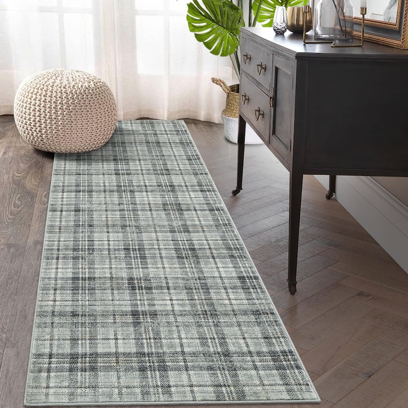 Garvee Earthy Plaid Soft Low Pile Foldable Area Rug - 2'x8' - Green