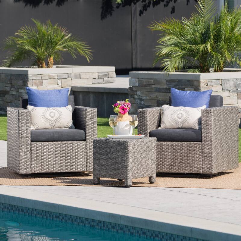 Puerta Outdoor Wicker 3-piece Swivel Chat Set with Cushions by Christopher Knight Home