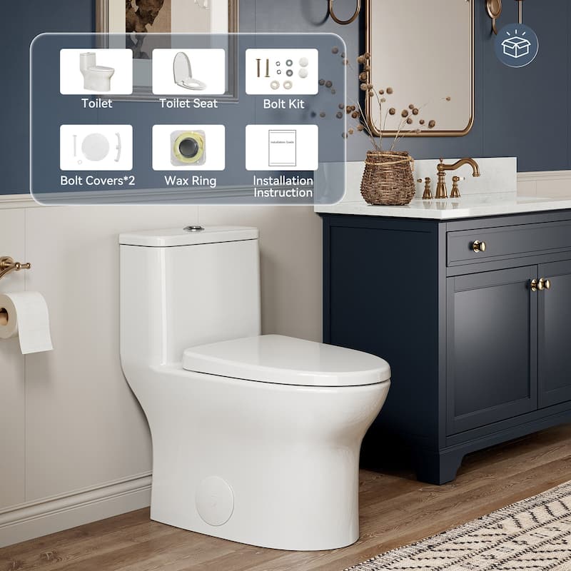 HOROW 1 Piece WaterSense Dual Flush Elongated Toilet White Rimless Bowl Child Seat 1000g Flush - 12 inch Rough In - N/A