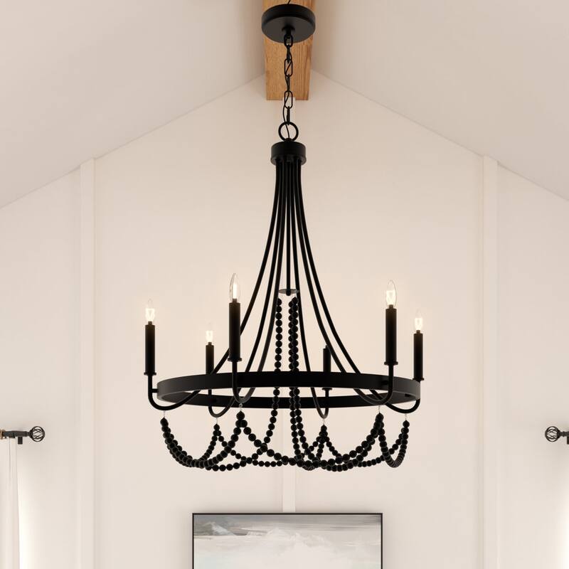 Acroma 6 - Light Steel Dimmable Candle Style Wagon Wheel Chandelier, Bead Chandelier
