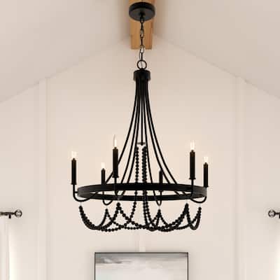 Acroma 6 - Light Steel Dimmable Candle Style Wagon Wheel Chandelier, Bead Chandelier