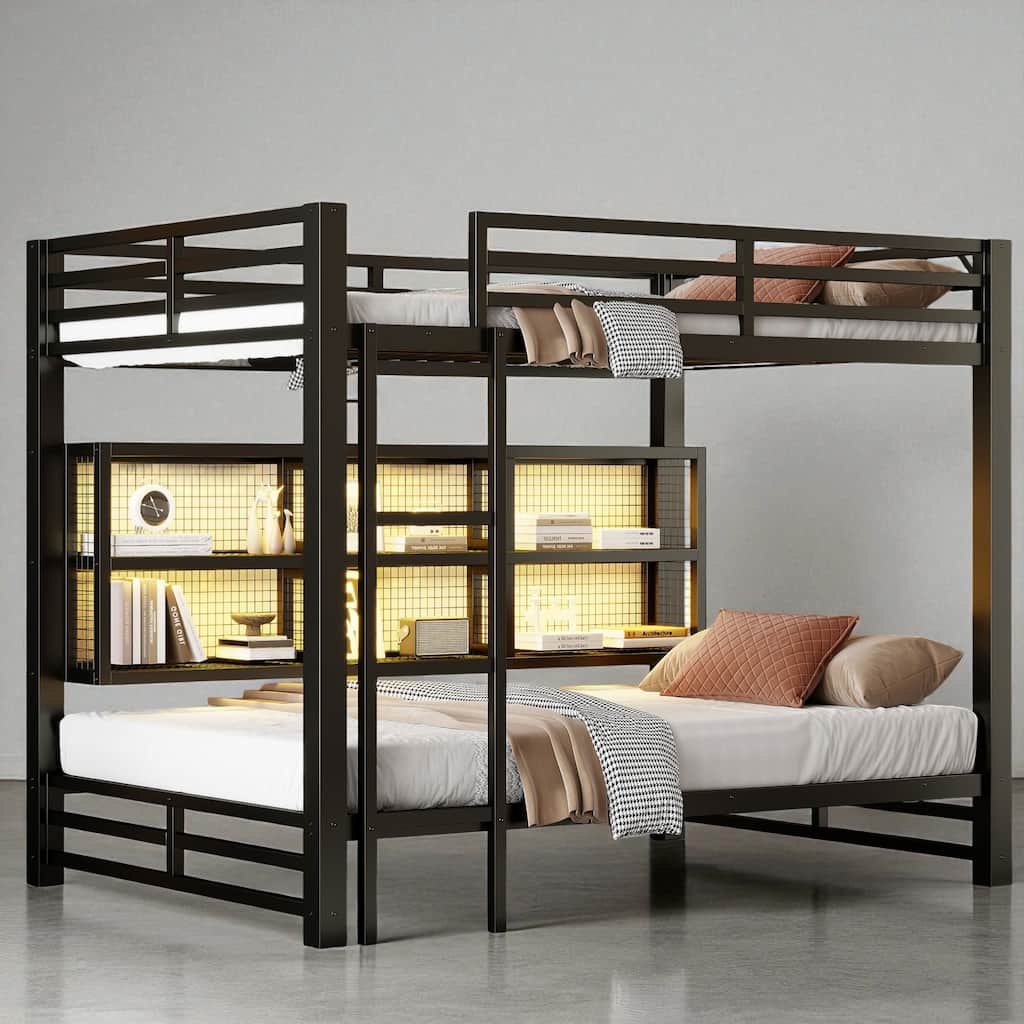 Metal Queen over Queen Bunk Bed with 6 Storage Cabinets, Guardrails, and 7-Color LED Light