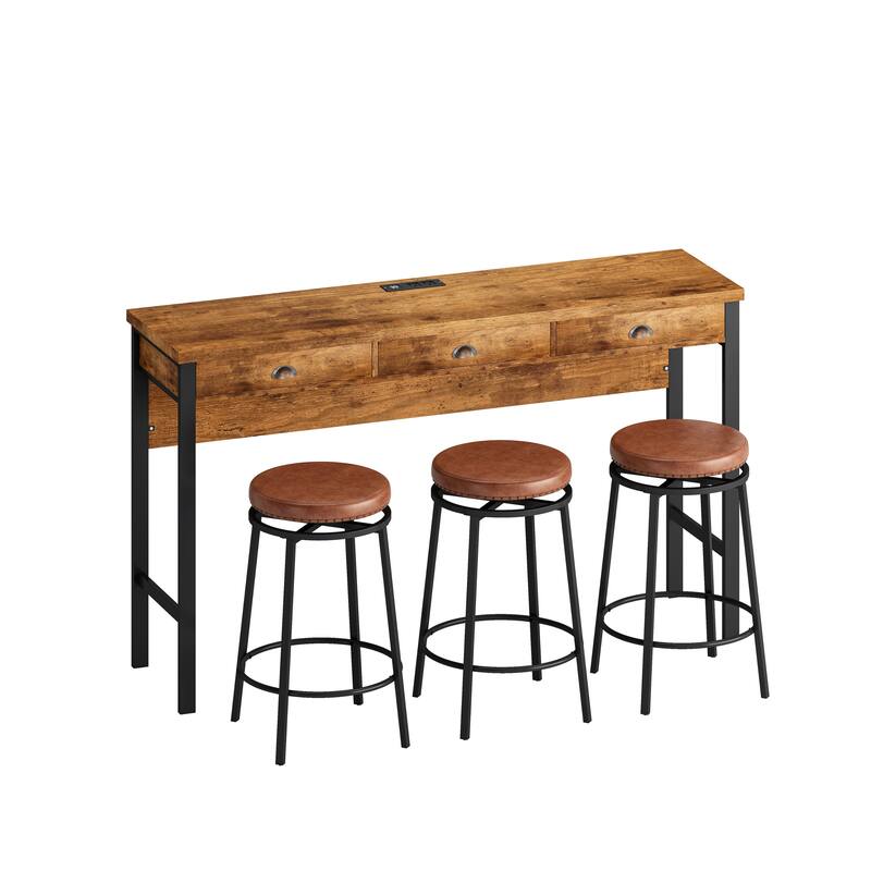 3-Drawer Long Dining Table Set with Power Outlets - Brown