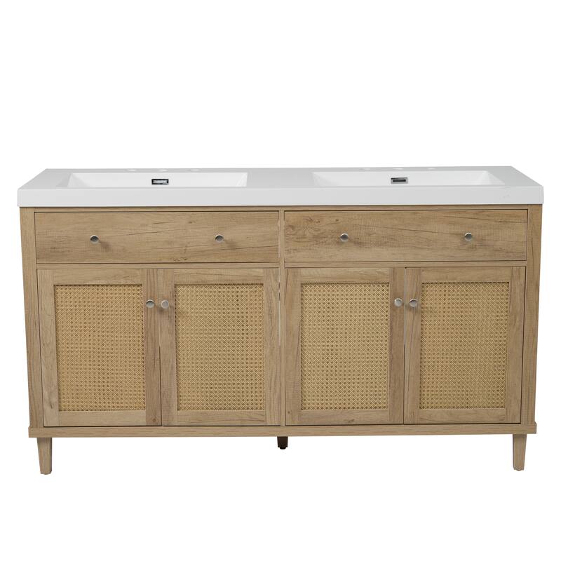 Christopher Knight Home - Bellmere 60" Modern Double Sink Bathroom Vanity with SMC Sink, Soft-Close Storage, and Solid Wood Legs