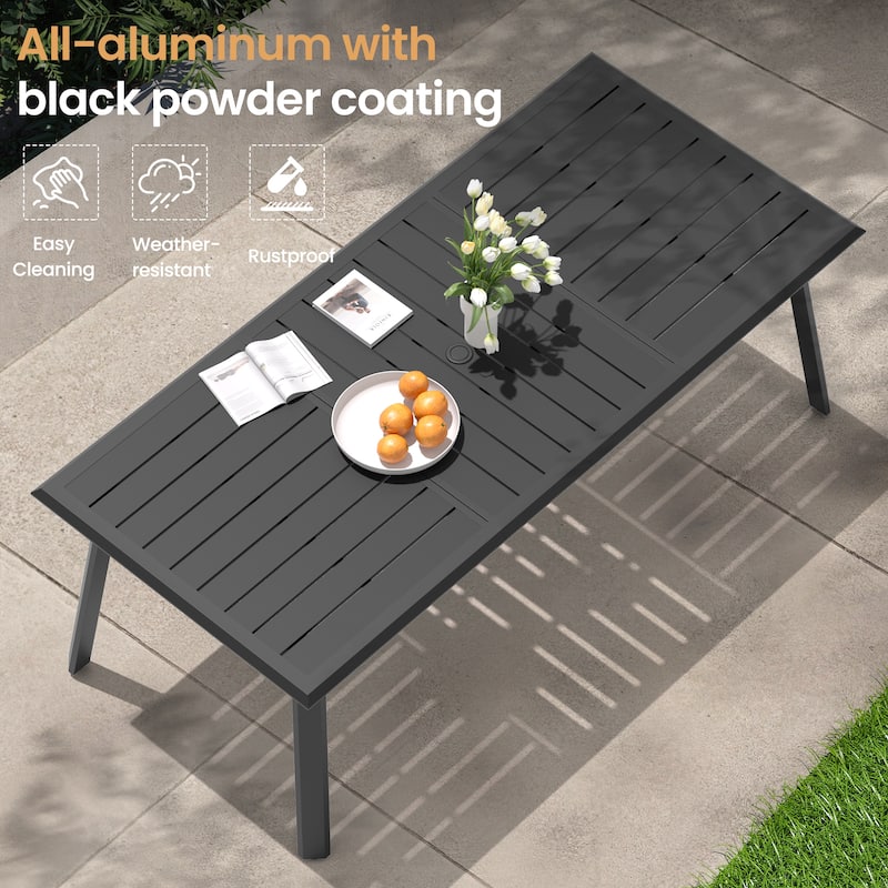 VredHom 9-PC Outdoor Patio Rectangular Aluminum Dining Sets Table with Rattan Chairs Umbrella Hole