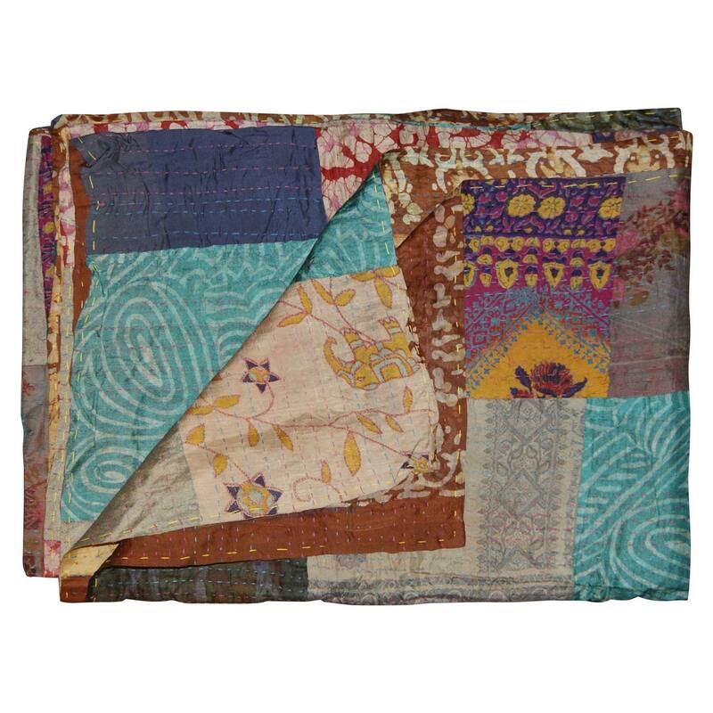 HomeRoots 50" X 70" Tan And Beige Patchwork Silk Quilted Kantha Throw Blanket with Embroidery