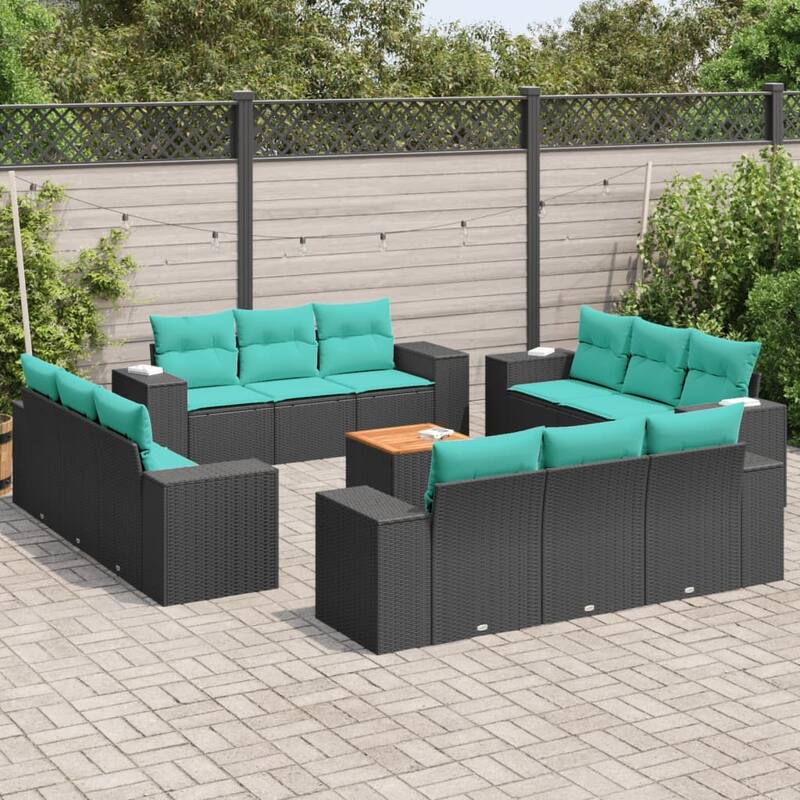 vidaXL 13 Piece Patio Sofa Set with Cushions Black Poly Rattan - 21.7 x 24.4 x 27.2