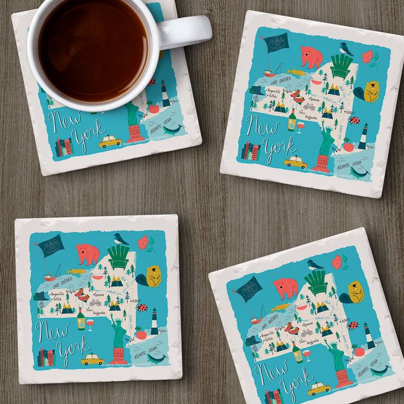 New York Home 4-Pack Absorbent Stone Coasters with Protective Cork Backing 4" Square Made in The USA Artistic Easily Wipes Clean