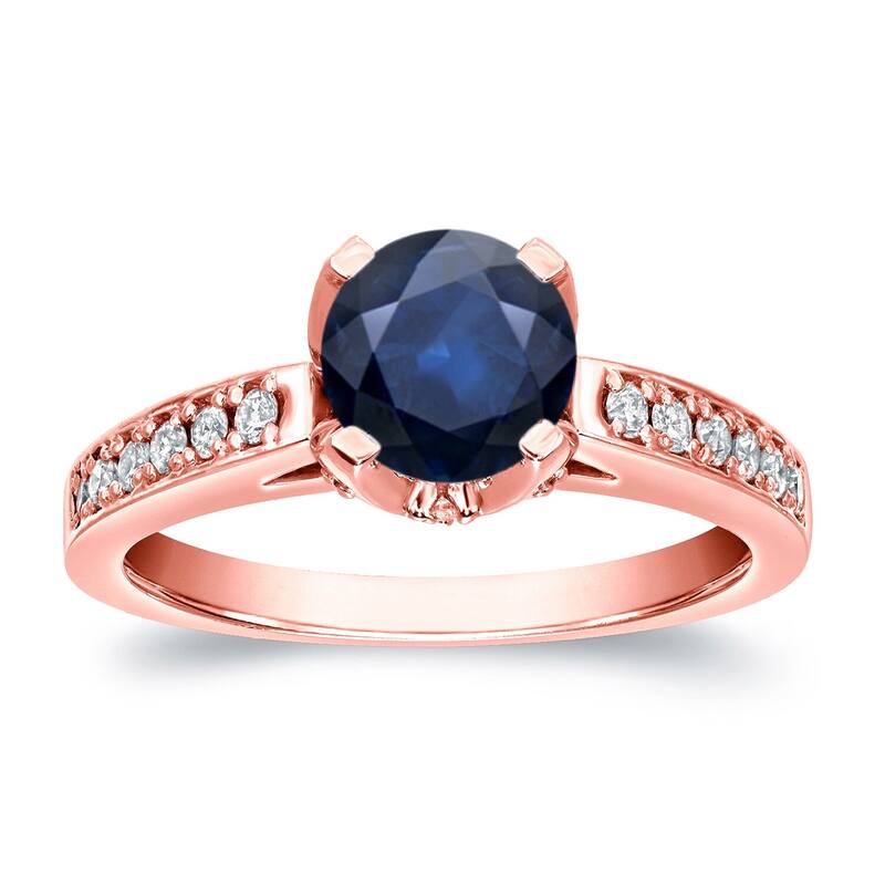 14K Gold 1ct Blue Sapphire and 1/3ctw Diamond Engagement Ring by Auriya