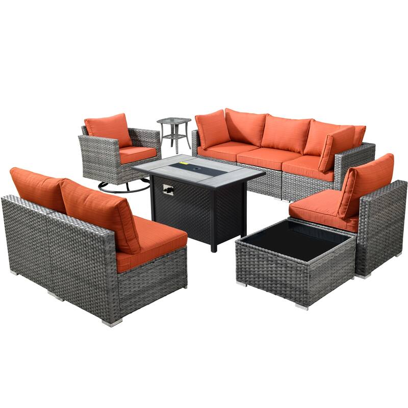 HOOOWOOO 10-piece Wicker Patio Furniture Sectional Sofa Set Swivel Rocker with Fire Pit Table