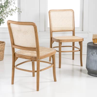Cukor Mid-Century Vintage Wood Rattan Dining Chair, Natural (Set of 2) by JONATHAN Y