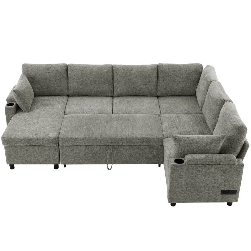 U-Shaped Chenille Sectional Sofa with Storage Chaise Lounge, Convertible Sleeper Sofa Bed with Cup Holders & Charging Ports