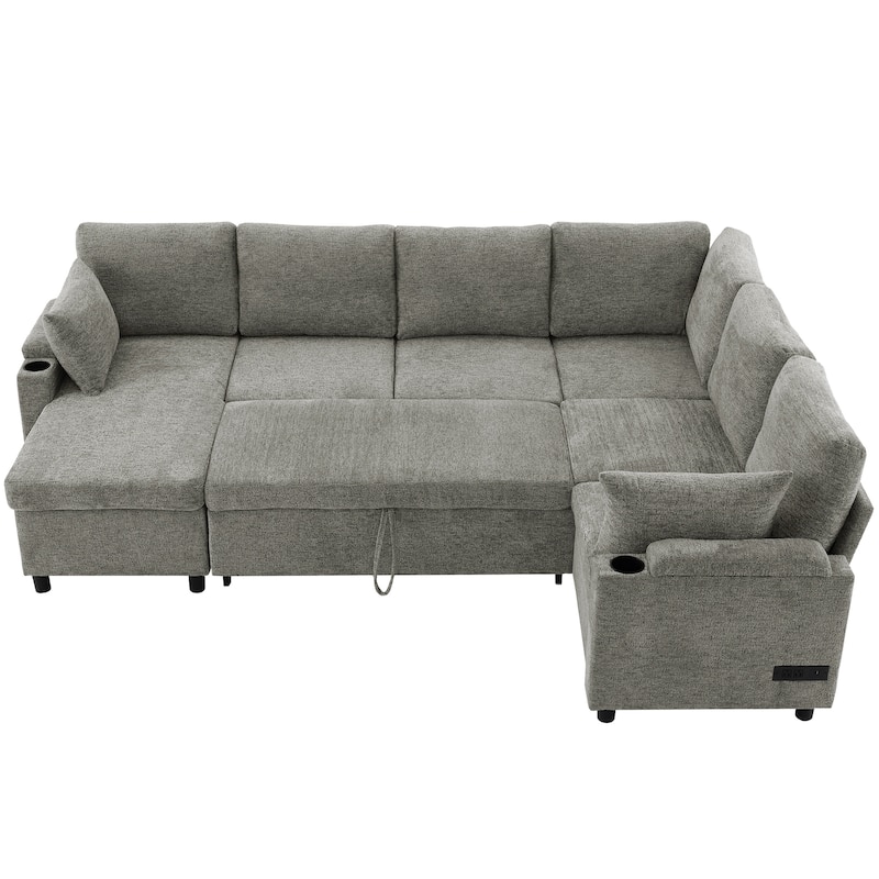 U-shaped Sofa, Chenille Sectional Sofa with 2 Cup Holders and Charging Ports Livingroom Sleeper Recliner Sofa Couch