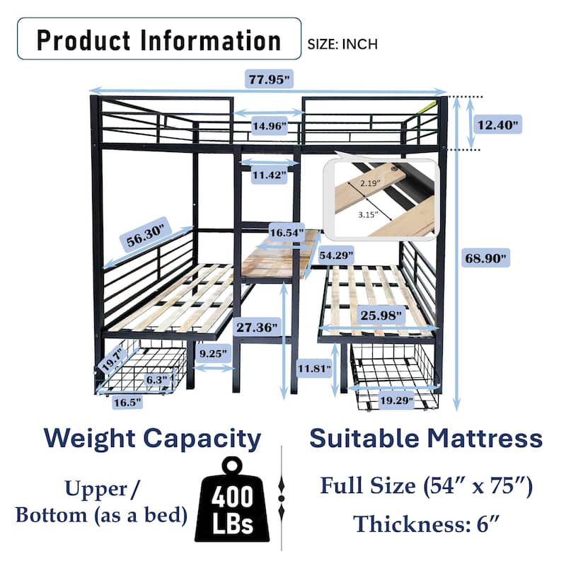 Steel Loft Bunk Bed with Transformable Table Sets