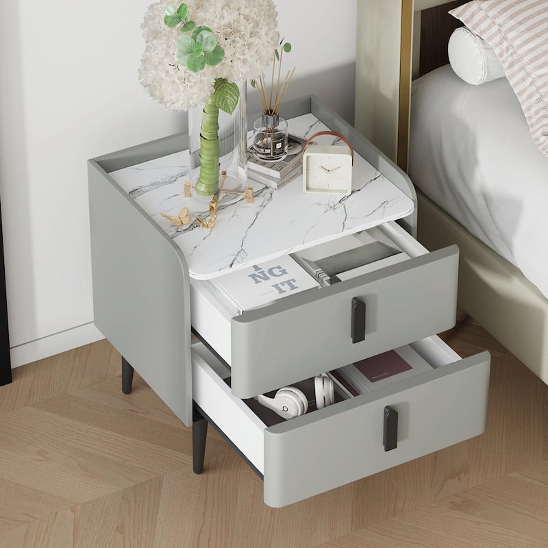 Nightstand with 2 Drawers and Marble-Pattern Tabletop