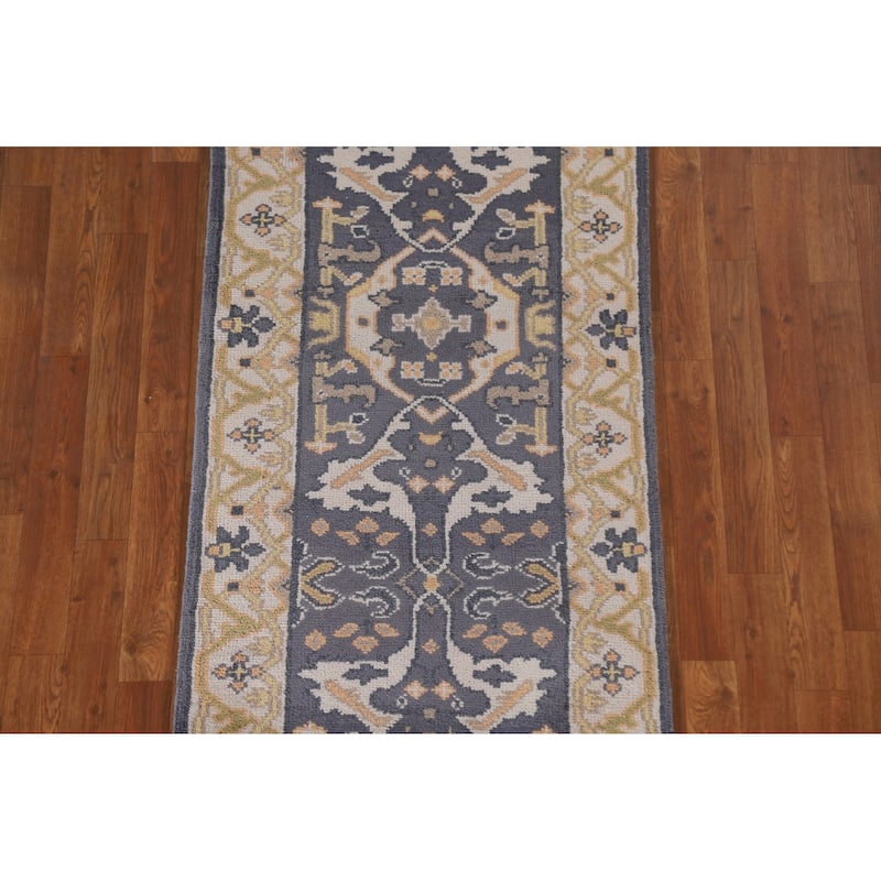 Blue Oushak Runner Rug Hand-knotted Wool Carpet - 2'6"x 9'11"
