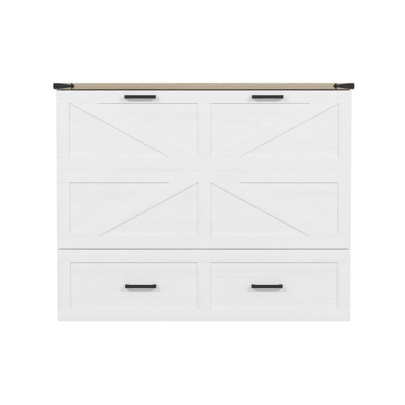 Space-Saving Foldable Cabinet Bed with Charging Station and Storage Drawers, Full Size, White