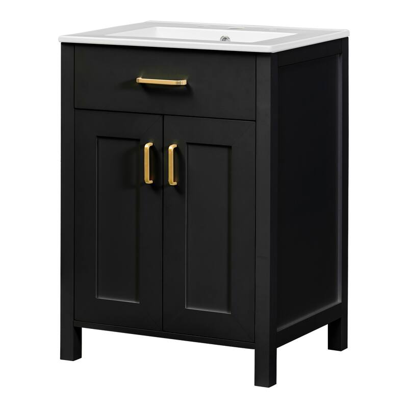 Small Bathroom Vanity with Ceramic Sink, Bathroom Cabinet with 2 Soft Close Doors & Drawers, Freestanding Storage Cabinet