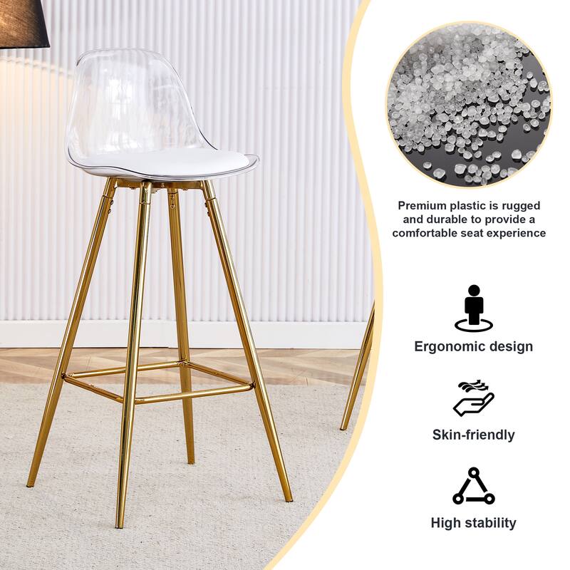 Clear Bar Stools Set of 2, Kitchen Island Chairs with Back and Footrest, Tall Acrylic Bar Chair with Metal Legs