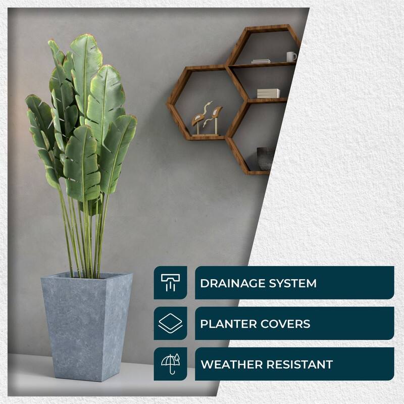 Serene Modern Square Tapered Fiberstone MGO Planter with Drainage Holes, Cover & Weather-Resistant Indoor Outdoor Plant Pot