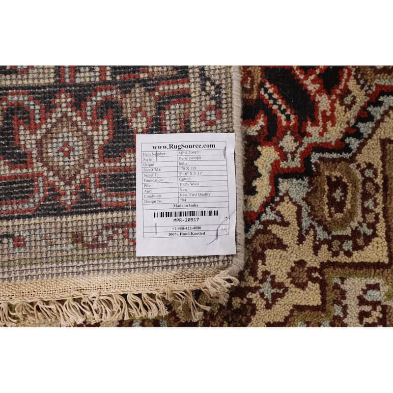 Ivory Geometric Heriz Serapi Indian Rug Hand-Knotted Wool Carpet - 3'11" X 5'10"